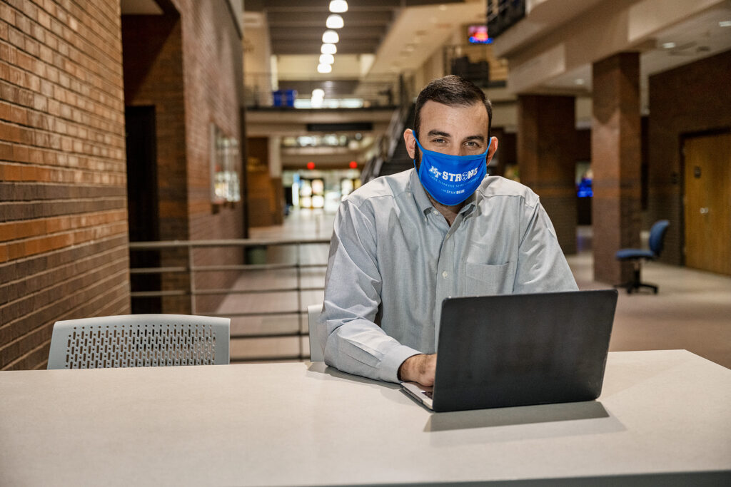 Matthew Taylor, Journalism and Strategic Media faculty, in and around the Bragg Media and Entertainment Building. (Photo: Andy Heidt)