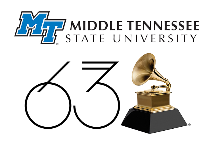 63rd annual Grammy Awards logo for the Jan. 31, 2021, awards ceremony, accompanied by the horizontal MTSU logo