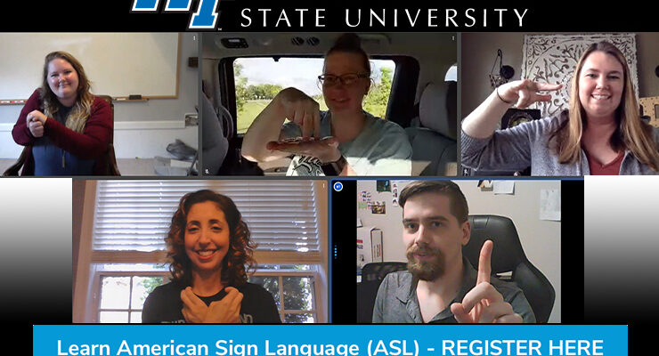 Instructor Haley Jensen, top left, and, clockwise from left, Stacie Lowry, Sarah Pruitt, Sarah Seago, and Joshua Jensen display their American Sign Language skills via video conferencing. (Photo submitted)