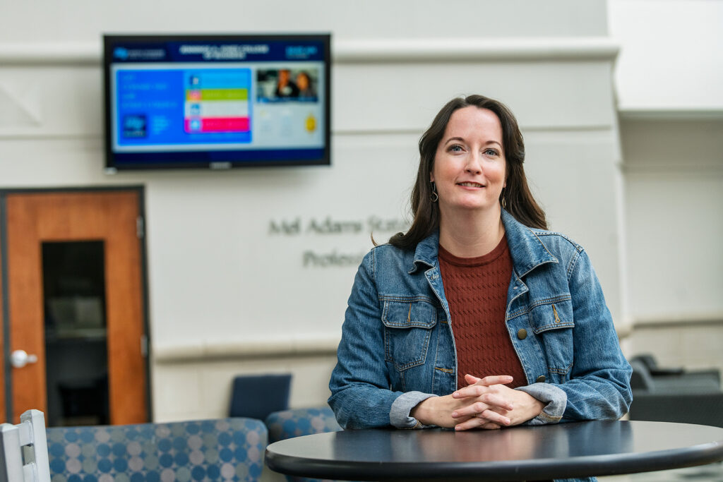 Amie Donahue, Jennings A. Jones College of Business Advisor, in and around Business and Aerospace Building (BAS). (Photo: Andy Heidt)