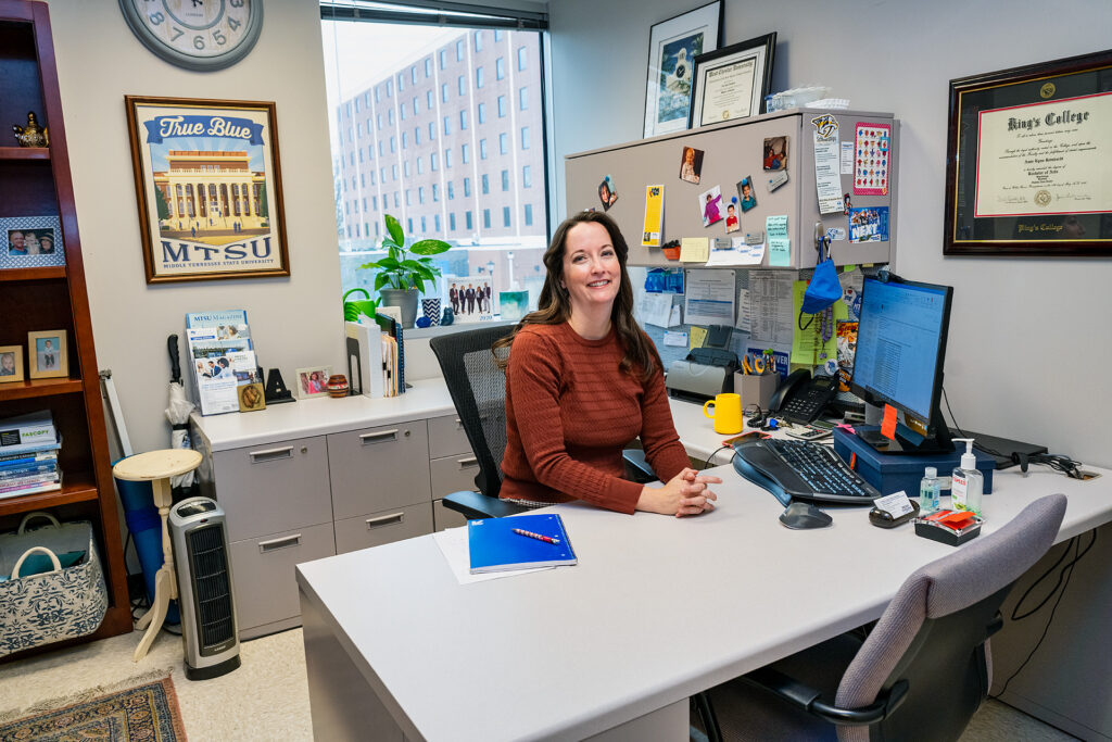 Amie Donahue, Jennings A. Jones College of Business Advisor, in and around Business and Aerospace Building (BAS). (Photo: Andy Heidt)
