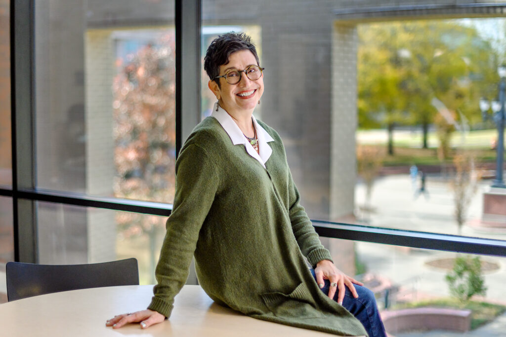 Leslie Haines, School of Journalism and Strategic Media faculty profile at Bragg Media and Entertainment building. (Photo: J. Intintoli)