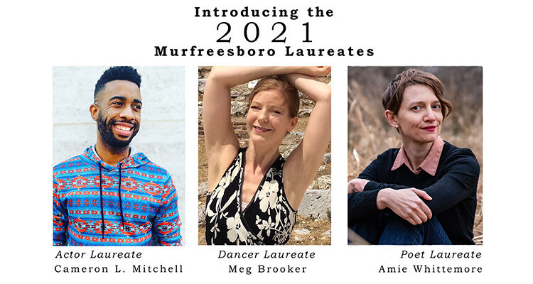 The 2021 Murfreesboro Cultural Arts Laureates are, from left, actor and spoken-word artist Cameron L. Mitchell, an MTSU aerospace alumnus and actor laureate; dance laureate Meg Brooker, associate professor and director of the MTSU Dance Program and artistic director for Duncan Dance South; and poet and English professor Amie Whittemore, a two-time Murfreesboro poet laureate. (images submitted)