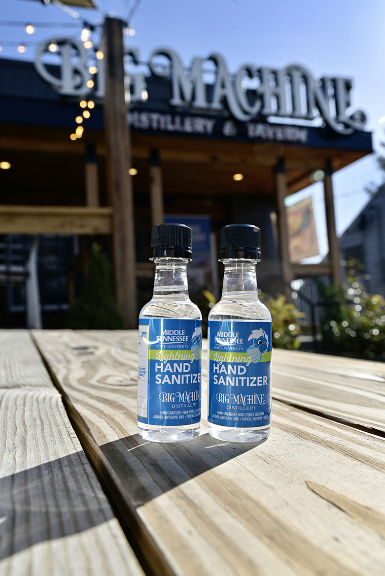 These two of the bottles of Lightning Hand Sanitizer, produced by Big Machine Vodka, await delivery to MTSU Friday, Jan. 15, from the distillery’s Nashville, Tenn., location. The university contracted with Big Machine for 6,000 personal-size bottles of sanitizer for students living in on-campus residence halls. (MTSU photo by Andy Heidt)