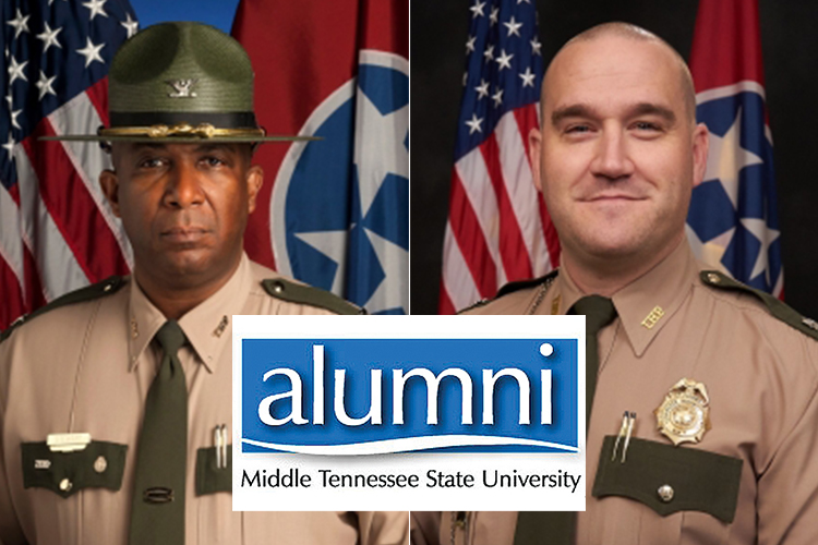 Col. Dereck Stewart, left, and Col. Matt Perry of the Tennessee Highway Patrol, MTSU alumni
