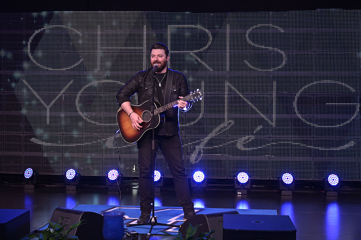 Multiplatinum country entertainer and Murfreesboro, Tenn., native Chris Young sings his latest hit, "Famous Friends," before a live audience for the first time Wednesday, Jan. 27, during a special livestreamed grand opening at MTSU's new Chris Young Cafe. The former MTSU student donated $50,000 to help renovate the 1963-era cafeteria into a teaching and rehearsal space and performance venue for the College of Media and Entertainment. (MTSU photo by Andy Heidt)