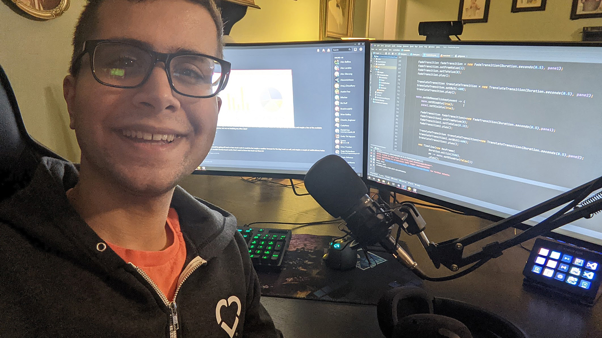 MTSU 2021 HackMT participant Jacob Cuomo, a junior from Franklin, Tenn., takes a break from his team’s project Saturday, Jan. 30, from his study area in the family home. The team created an app called “Fam,” where users can keep track of performing chores around the house, and earned first-place honors. He also received a $2,500 scholarship from L3Harris. (MTSU photo submitted by Jacob Cuomo)