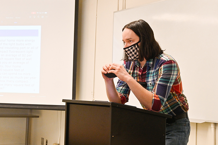 Zach Thomas, a Middle Tennessee State University math graduate student, teaches one of his undergraduate classes as a teaching assistant at the Kirksey Old Main building on March 10, 2021. (MTSU photo by Stephanie Barrette)