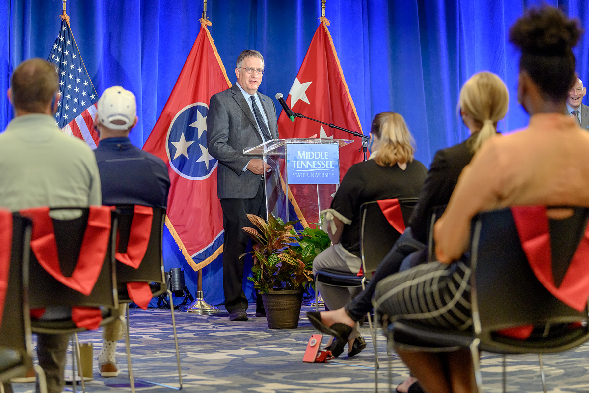 Provost Mark Byrnes congratulates the spring 2021 class of seniors about to graduate from MTSU in May during the Graduating Veterans Stole Ceremony hosted by the Charlie and Hazel Daniels Veterans and Military Family Center in the Sam Ingram Building Wednesday, April 28. (MTSU photo by J. Intintoli)