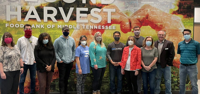 Some students in the inaugural cohort of MTSU’s data science graduate certificate program visit Second Harvest Food Bank of Middle Tennessee’s warehouse location in Nashville, Tenn., on April 11. Second Harvest provided the group access to some of its databases as part of the students’ final class project. Pictured, from left, are students Tammy Wiseman, McKinley Tidwell, Shalini Gupta, Vince Herbert, Ying Ding, Emily Hines; Charlie Apigian, co-director of the MTSU Data Science Institute and professor; student Sheryl Dusek; Ryan Otter, institute co-director and professor; student Beverly Meadows; Frank Ellmo, Second Harvest’s senior director of operations; and David Tinsley, director of information systems and information technology at Second Harvest. (Photo by Charlie Apigian)