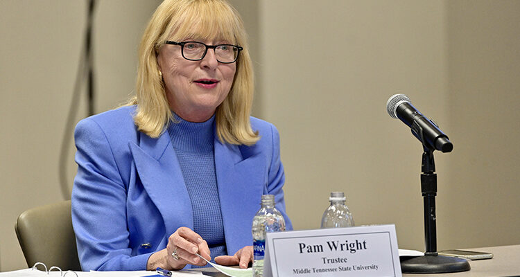 MTSU Trustee Pam Wright gives the report of the Academic Affairs, Student Life and Athletics Committee, which she chairs, during the Board of Trustees meeting held Tuesday, April 6, 2021, inside the Miller Education Center. (MTSU photo by Andy Heidt)