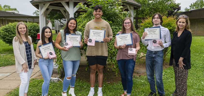 All five Riverdale High School students who took the Nutrition Dual Credit Challenge Exam pose with the certificates showing that they passed the test. From left are Jaime Brown, Riverdale teacher and MTSU alumna; Riverdale students Kaliena Vichitvongsa, Kristina Phanthalangsyk, Eliott Rodriguez, Avery Jewell, and Danyul Fenley; and Janet Colson, professor of nutrition and food science and registered nutrition. (MTSU Photo by Andy Heidt)