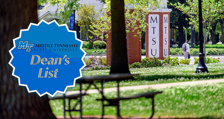 A student prepares to cross Middle Tennessee Boulevard at Faulkinberry Drive on the west side of the MTSU campus amid a wealth of spring greenery in late April in this file image with the MTSU Dean’s List badge superimposed into the photo. (MTSU file photo by J. Intintoli)