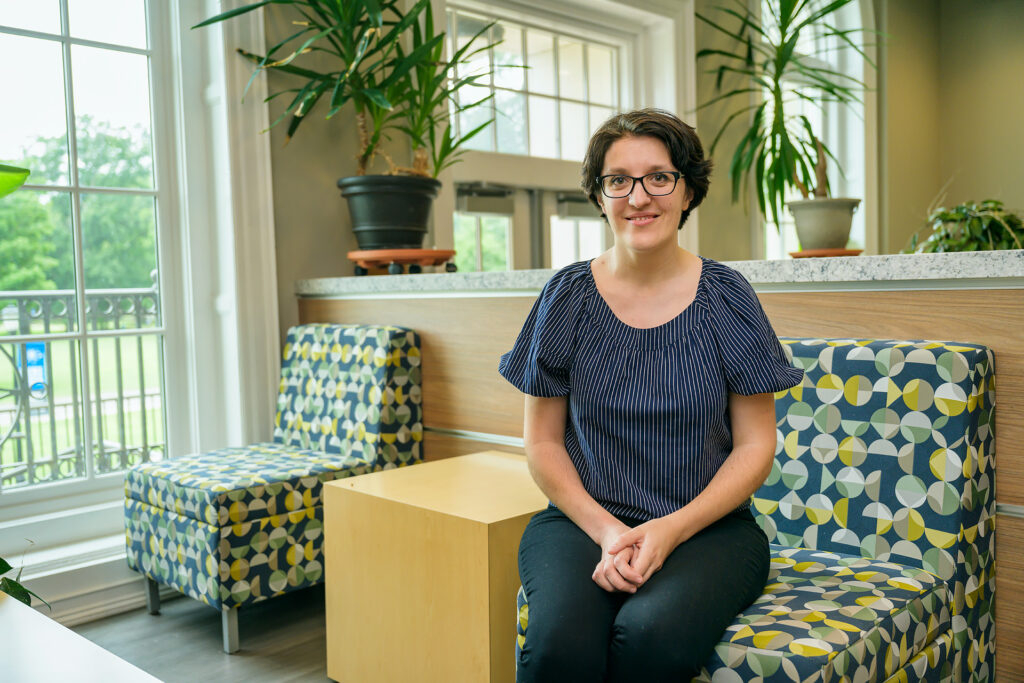 Hanna Terletska, Physics & Astronomy faculty, in and around Wiser-Patten Science Hall and Strobel Lobby. (Photo: Andy Heidt)
