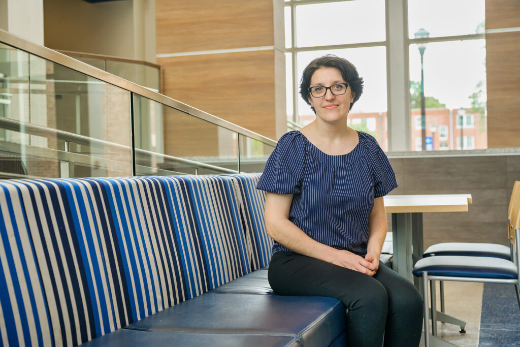 Hanna Terletska, Physics & Astronomy faculty, in and around Wiser-Patten Science Hall and Strobel Lobby. (Photo: Andy Heidt)