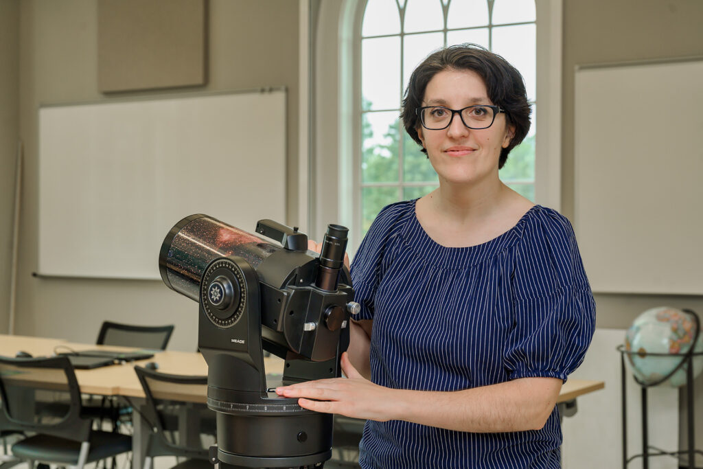 Hanna Terletska, Physics & Astronomy faculty, in and around Wiser-Patten Science Hall and Strobel Lobby. (Photo: Andy Heidt)