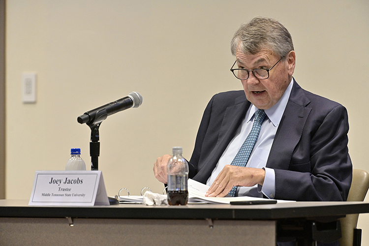 MTSU Board of Trustees member Joey Jacob, chair of the board’s Finance and Personnel Committee, gives his report during the board’s meeting held Tuesday, June 8, 2021, inside the Miller Education Center on Bell Street. (MTSU photo by Andy Heidt)
