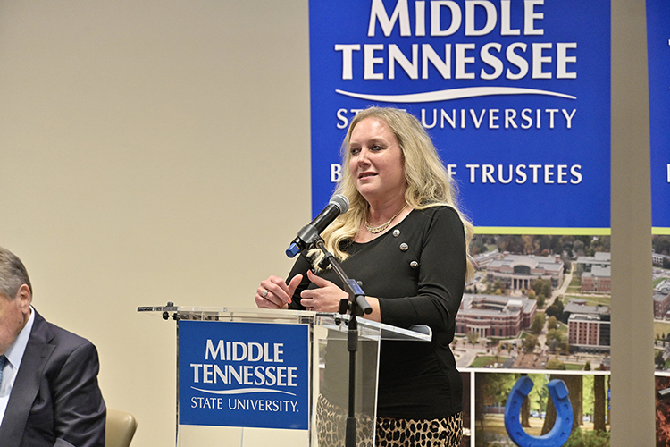 Tennessee Department of Health Commissioner Dr. Lisa Piercey thanks the Middle Tennessee State University campus and community for its pandemic response during the MTSU Board of Trustees meeting held Tuesday, June 8, 2021, inside the Miller Education Center on Bell Street. (MTSU photo by Andy Heidt)