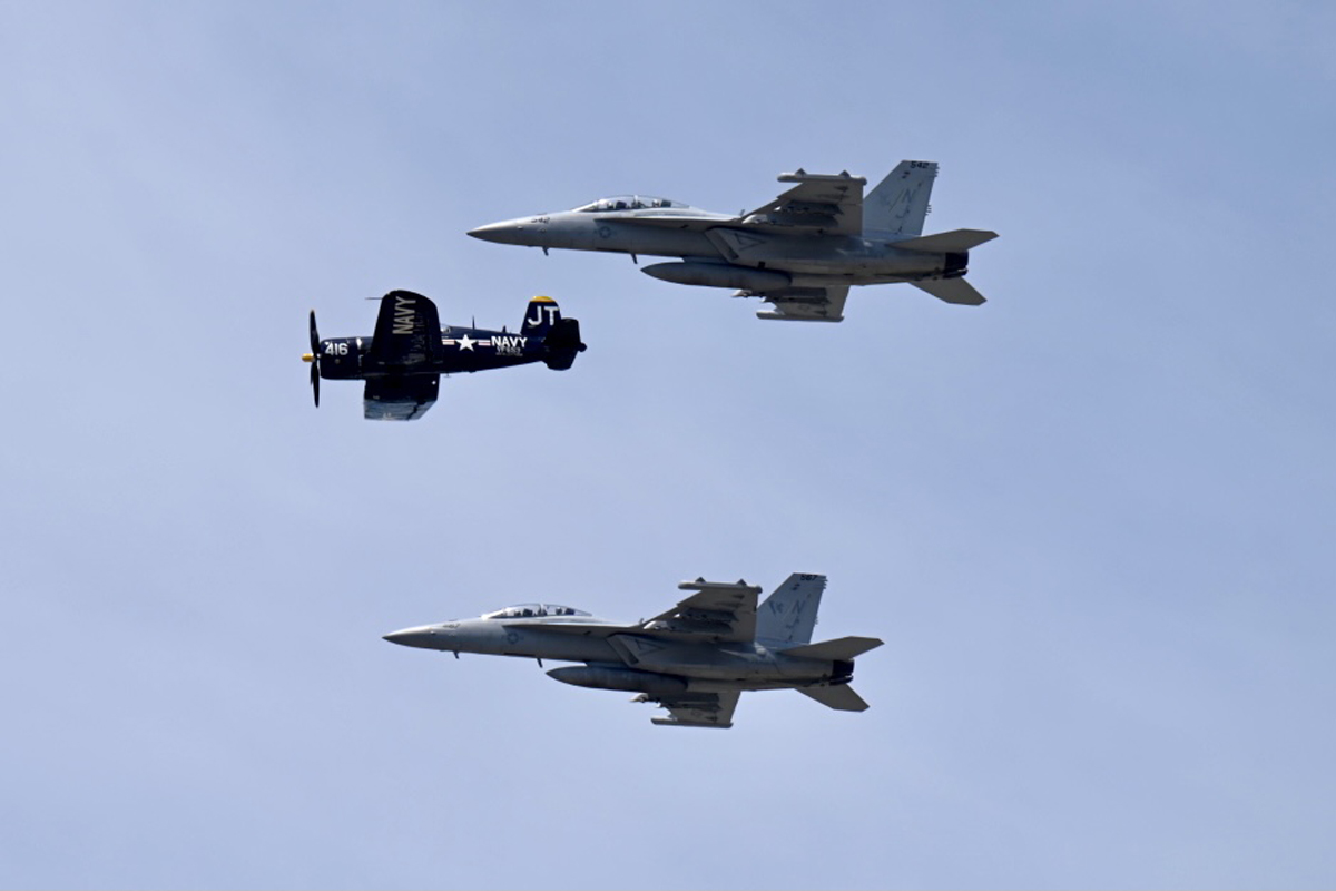 U.S. Navy planes practice a routine on Friday, June 4, in anticipation of the Great Tennessee Air Show in Smyrna, Tenn., Saturday and Sunday, June 5-6. MTSU is a premier sponsor of the EA-18G Growler. (MTSU photo by J. Intintoli)