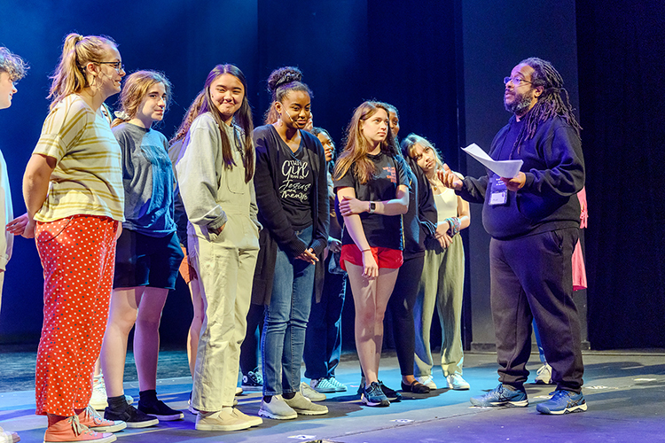 Actor, director and educator Jon Royal of Nashville, right, makes a point to a group of young theater students attending the 2021 Governor's School for the Arts at MTSU during a June 23 rehearsal on the university's Tucker Theatre stage. Nearly 300 11th and 12th graders from across Tennessee attended the monthlong residency program in person for intensive training in music, theater, visual arts, dance and filmmaking. (MTSU photo by J. Intintoli)