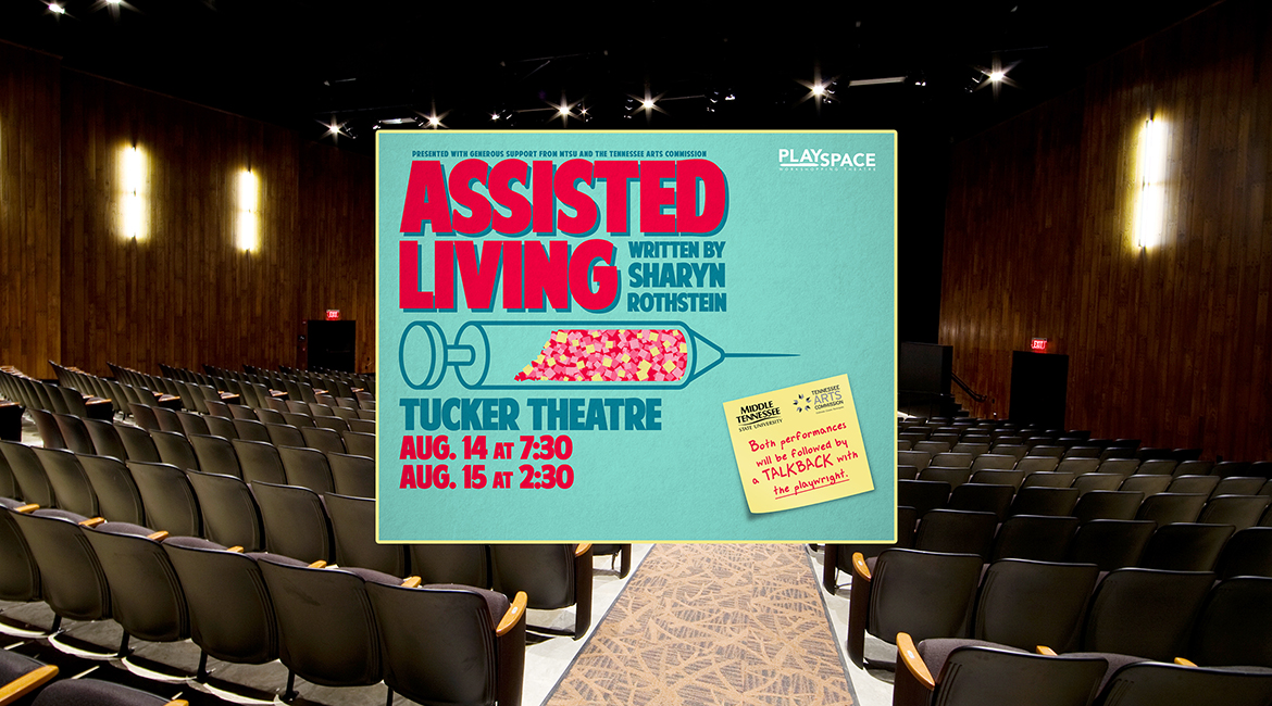 A file image of MTSU’s Tucker Theatre after the 1,000-seat facility’s $1.4 million renovation is used as a backdrop for the Aug. 14-15 MTSU Theatre presentation of playwright Sharyn Rothstein’s new play in development, “Asissted Living.” The productions, which are open to audiences free at 7:30 p.m. Aug. 14 and 2:30 p.m. Aug.. 15, are part of a new initiative, “PlaySpace,” developed by two theatre professors. (file image courtesy of Mason Fischer Photography / Doster Construction)
