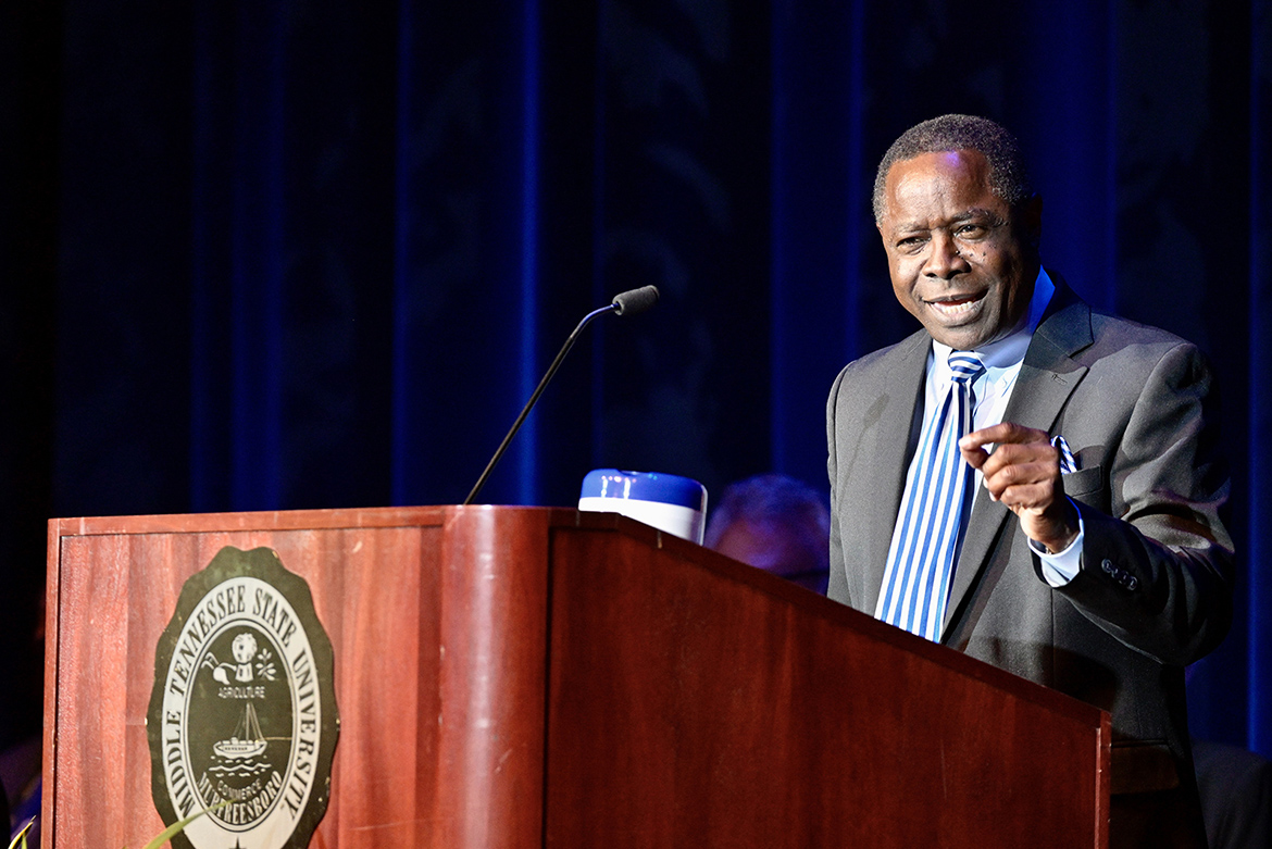 MTSU President Sidney A. McPhee gives his State of the University Address Thursday, Aug. 19, during the university’s annual Fall Faculty Meeting inside Tucker Theatre to kick off the 2021-22 academic year. (MTSU photo by Andy Heidt)
