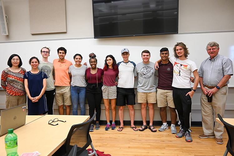 Middle Tennessee State University faculty and computational science undergraduate students from around the country who earned the National Science Foundation Research Experience for Undergraduates grant met for a workshop on research ethics on July 20, 2021, at MTSU’s Wiser-Patten Science building. Standing, from left, are Wandi Ding, Rachel Leander, Nicolas Kaszynski, Shawheen Naderi, Jennifer Lopez, Allis Royer, Adira Cohen, Alex LaVerde, Daniel Bond, Shivam Patel, Joshua Miller and William Robertson. (MTSU photo by Stephanie Barrette)