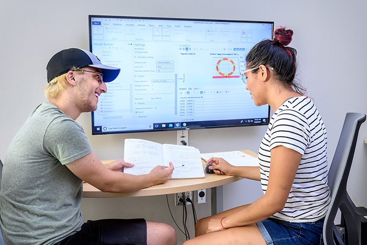 Middle Tennessee State University hosted undergraduate students from around the country who earned the National Science Foundation Research Experience for Undergraduates grant like Alex LaVerde, from the University of Alabama in Tuscaloosa, and Jennifer Lopez, from Grinnell College in Grinell, Iowa, who conducted research on acoustic ring resonance in the Wiser-Patten Science building on July 28, 2021. (MTSU photo by J. Intintoli)