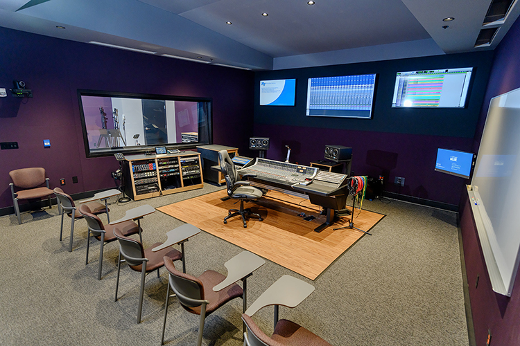he combination control room and working classroom of the Department of Recording Industry's new Studio E at Middle Tennessee State University, with the recording studio visible through the window, is a mirror image of the adjoining Studio D in the East Main Building on campus. The department relocated and customized two expandable recording facilities for students in a nearly $2 million studio project, which covers almost 5,000 square feet of recording space, control rooms, equipment rooms and an open gathering/reception area. (MTSU photo by J. Intintoli)
