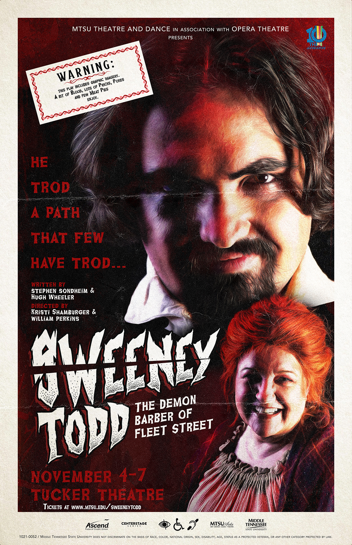 poster for MTSU fall 2021 production of “Sweeney Todd, The Demon Barber of Fleet Street”