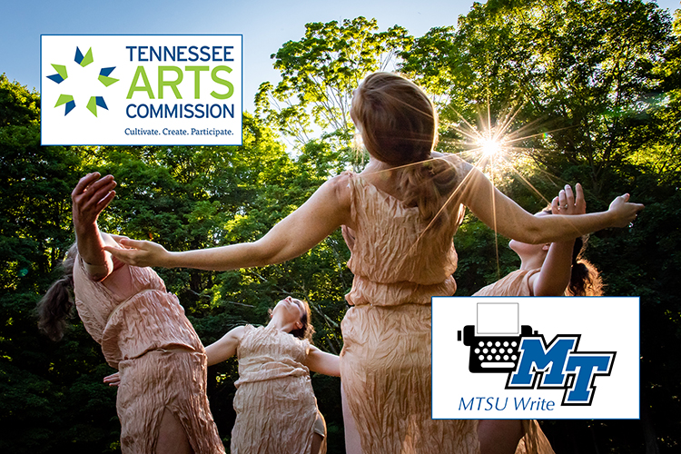 file image of MTSU Dance Program Director Meg Brooker, shown with her back to the camera, and a group of dancers in the sunshine amid trees, with the logos for the Tennessee Arts Commission and the MTSU Write program in opposite corners. (2018 dance photo courtesy of Nina Wurtzel)
