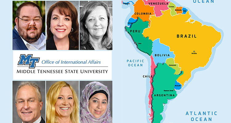 MTSU faculty and administrators traveling in March 2022 to promote online international education are shown with a map of South America, with the countries of Peru and Argentina showcased, and the logo for the Office of International Affairs. Clockwise from top left are Drs. Robert Summers, vice provost for international affairs; Christine Eschenfelder of the School of Journalism and Strategic Media; Vickie Harden, coordinator of the Master of Social Work Program in the Department of Social Work; Ibtissam "Sam" Zaza of the Department of Information Systems and Analytics; Kristi Juiian, director of the Interior Design Program in the Department of Human Sciences; and Tony Johnston, director of the Fermentation Science Program in the School of Agriculture. (MTSU photos; Adobe stock map)