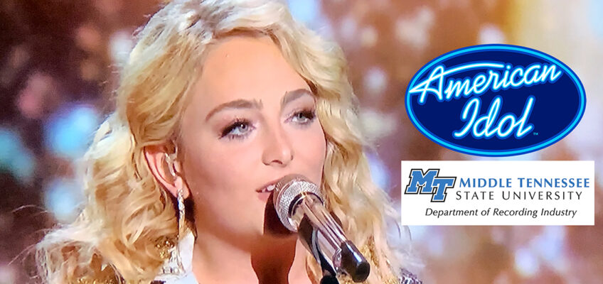 Middle Tennessee State University music business alumna Hunter "HunterGirl" Wolkonowski performs during the live “American Idol” finale on ABC TV Sunday, May 22. Wolkonowski earned the runner-up spot in the competition. Also shown are the American Idol and Department of Recording Industry logos. (screenshot courtesy of ABC/Disney)
