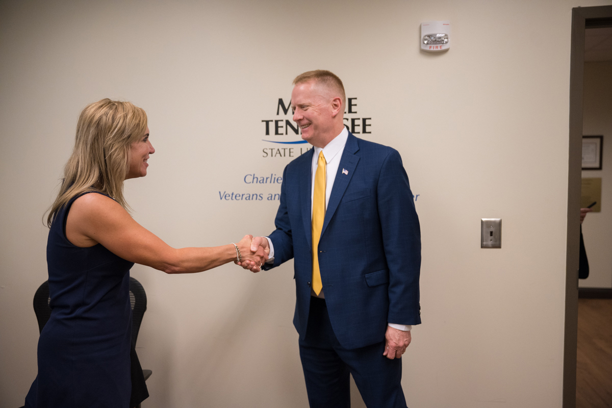Hilary Miller, left, director of the MTSU Charlie and Hazel Daniels Veterans and Military Family Center, meets Daniel Dücker, the new Tennessee Valley Healthcare Services executive director recently at the veterans facility in Keathley University Center. Dücker, who assumed his latest VA role in April, toured the center and visited with Keith M. Huber, MTSU’s senior adviser for veterans and leadership initiatives and a retired U.S. Army lieutenant general. (MTSU photo by James Cessna)