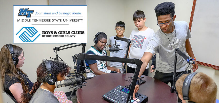 Kindred Locke of Knoxville, Tenn., a senior entrepreneurship major at Middle Tennessee State University who also works with the Boys and Girls Clubs of Rutherford County, helps a group of club members learn about podcasting in the university's James E. Walker Library MakerSpace digital creation and design center as part of a new digital literacy and social media safety project. The project, a partnership between the MTSU School of Journalism and Strategic Media and the Boys and Girls Clubs funded by a grant from the Tennessee Board of Regents, brought about 40 middle- and junior high school students to campus last month for two weeklong programs called “Come to Voice,” where they wrote, filmed, edited and premiered their own “documentaries”; worked with a green screen; checked out podcasting; learned about drone filming; completed an interactive campus scavenger hunt; and focused on social media safety with the help of MTSU professors and students. The photo also includes logos for the School of Journalism and the Boys and Girls Clubs. (MTSU photo by J. Intintoli)