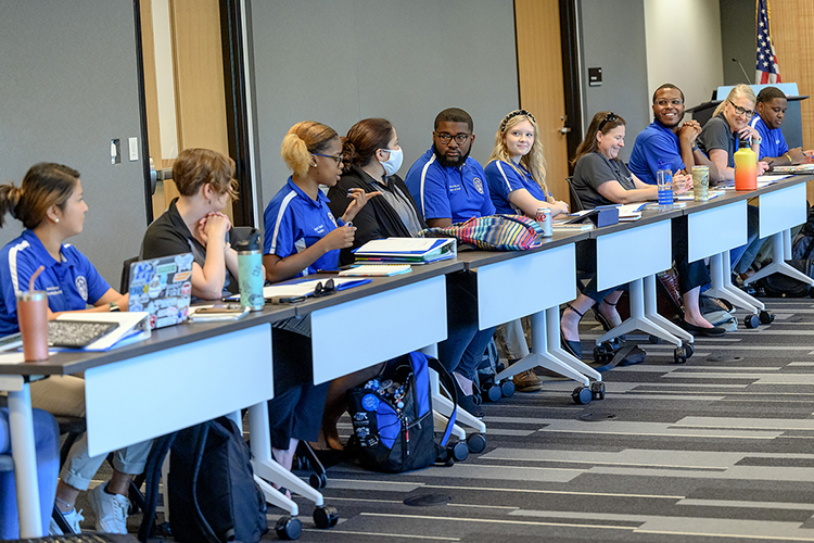 Participants in the Center for Student Involvement and Leadership retreat listen Wednesday, Aug. 3, to a question being posed to Murfreesboro Mayor Shane McFarland, MTSU alumnus and former Student Government Association president. The Aug. 3-4 retreat began in the Community Room of the Murfreesboro Police Department. (MTSU photo by J. Intintoli)