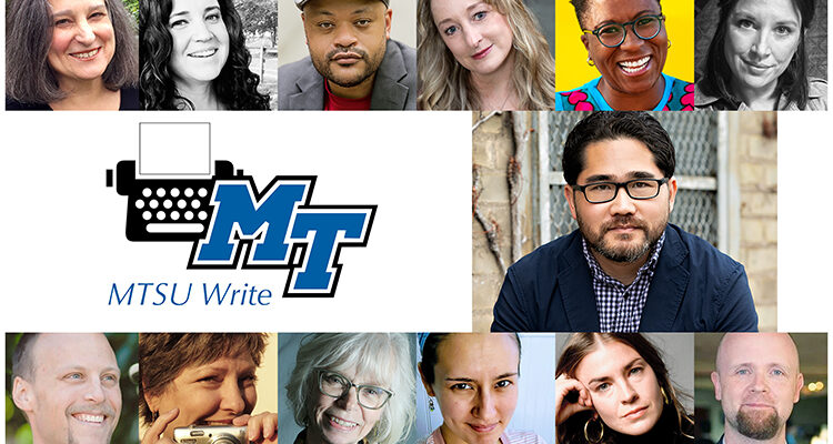 Guest speakers for the 2022 Fall Creative Writing Conference at MTSU, set Friday and Saturday, Sept. 23-24, are shown in this promotional graphic. At center right, next to the sponsoring MTSU Write program logo, is acclaimed writer and keynote speaker Sequoia Nagamatsu. In the top row, from left, are authors Adria Bernardi, Allison Blevins, Christian J. Collier, Sheree L. Greer and Rachel Louise Martin; in the bottom row are Gary McDowell, Candie Moonshower, Linda Parsons, Eliana Ramage, Loie Rawding and Charles Dodd White. (images supplied by subjects)