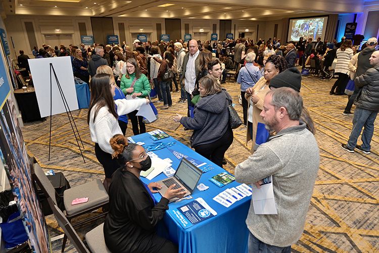 A big crowd of prospective Middle Tennessee State University students and their families attended the university’s True Blue Tour event at the Cool Springs Marriott in Franklin, Tenn., on Monday, Nov. 14, 2022, and learned about what the Blue Raider campus has to offer. (MTSU photo by Andy Heidt)