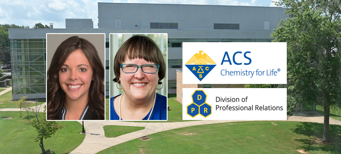 Nicole Gammons, left, Middle Tennessee State University Ph.D. student in the Molecular Biosciences program, recently won the American Chemical Society’s Leadership Development Award from its Division of Professional Relations for promoting women in STEM education, through her outreach work such as her volunteer position at the university’s Women in STEM Center directed by MTSU professor Judith Iriarte-Gross, right. (MTSU photo illustration by Stephanie Wagner)