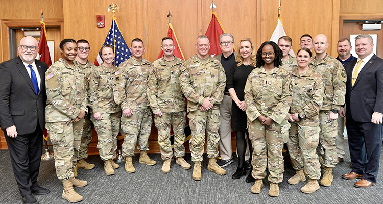 Army Reserve Maj. Gen. Bob D. Harter, center, is pictured with Middle Tennessee State University ROTC cadets, other university representatives and Army Reserve ambassadors inside the Student Union Building following a luncheon that was part of his visit to the Murfreesboro, Tenn., campus Wednesday, Feb. 15. It marked his first visit to a higher education campus since assuming his role. (MTSU photo by Andy Heidt)