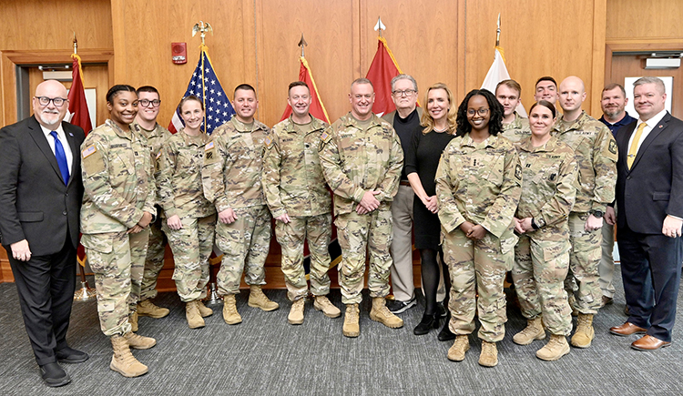 Army Reserve Maj. Gen. Bob D. Harter, center, is pictured with Middle Tennessee State University ROTC cadets, other university representatives and Army Reserve ambassadors inside the Student Union Building following a luncheon that was part of his visit to the Murfreesboro, Tenn., campus Wednesday, Feb. 15. It marked his first visit to a higher education campus since assuming his role. (MTSU photo by Andy Heidt)