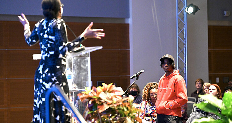 An audience member listens carefully after asking a question of National Book Award-winning scholar Imani Perry, left, during Perry's Feb. 9 public lecture at Middle Tennessee State University. Perry, the Hughes-Rogers Professor of African American Studies at Princeton University and an interdisciplinary scholar of race, law, literature and African American culture, is the author of “South to America: A Journey Below the Mason-Dixon to Understand the Soul of a Nation," discussed how the South's people and cultures have influenced the nation with an appreciative, diverse and near standing-room-only crowd of almost 200 students, faculty, staff and MTSU neighbors. Her talk was a part of MTSU's observance of Black History Month. (MTSU photo by J. Intintoli)