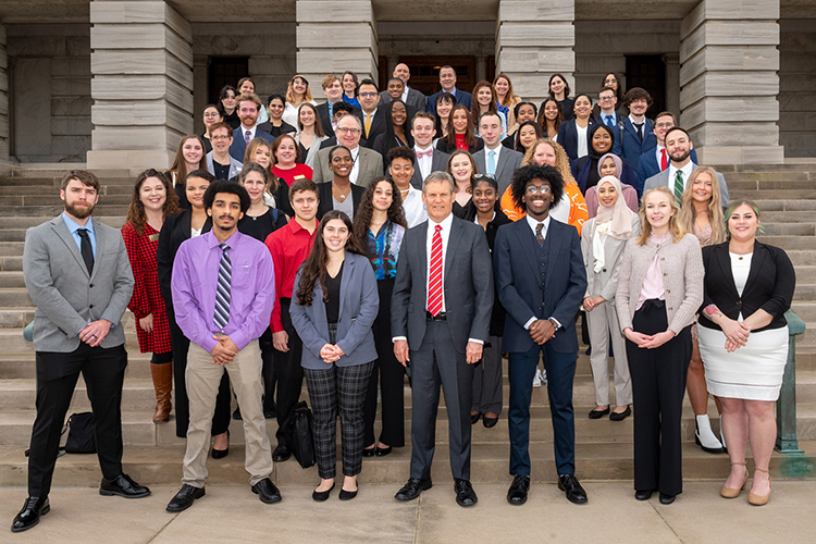 Ten Middle Tennessee State University undergraduate students and researchers, along with 41 others from public universities across the state, attended the annual Posters at the Capitol event held at the state Capitol in Nashville, Tenn., on Wednesday, Feb. 15, 2023, and took a photo with Tennessee Gov. Bill Lee, front and center, after he spoke to them in a short address. (Photo by Theresa Montgomery/Office of Gov. Bill Lee)