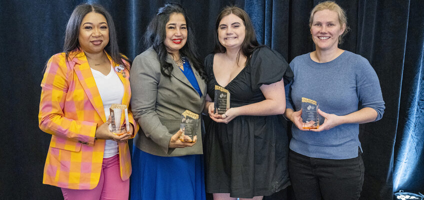 Recipients of the 2023 Trailblazer Awards for National Women’s History Month at Middle Tennessee State University hold their awards presented March 1 inside the Ingram Building’s MT Center on Middle Tennessee Boulevard. Pictured, from left, are Christina Cobb, assistant professor, University Studies Department; Lori Huertas, risk management and insurance program coordinator, Jones College of Business; Future Trailblazer, student Hayden “Gracie” Sizemore; and Katie Foss, director, School of Journalism and Strategic Media. (MTSU photo by Andy Heidt)
