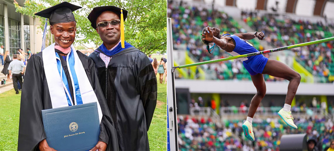 Abigail Kwarteng, left, recent Middle Tennessee State University graduate and Olympic hopeful, takes a photo with her MTSU coach Andrew Owusu, also a public health professor and multi-time Olympian himself, outside the Murphy Center on campus on the day of her commencement this past Saturday, May 6. (Photo courtesy of Abigail Kwarteng)