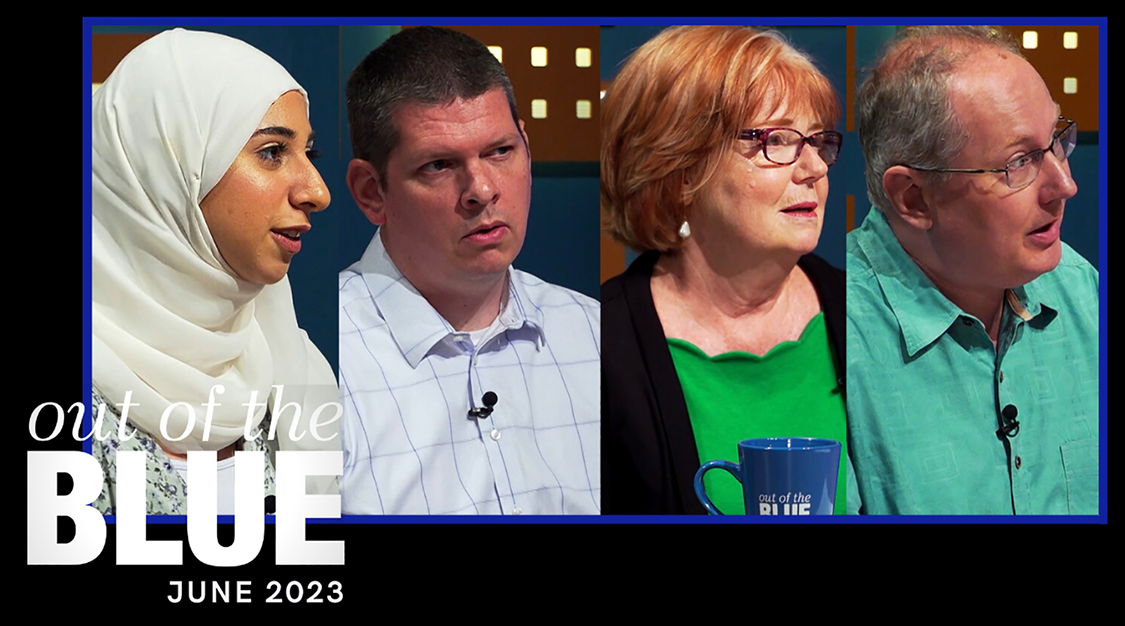 Middle Tennessee State University biochemistry major and undergraduate researcher Janna Abou-Rahma, left, and Dr. Kevin Bicker, a professor in the Department of Chemistry; Dr. Laura Clark, director of MTSU's Center for Educational Media in the College of Education; and Dr. Olaf Berwald, chair of MTSU's Department of World Languages, Literatures and Cultures in the College of Liberal Arts are the guests on the June 2023 edition of MTSU’s video magazine, “MTSU Out of the Blue.