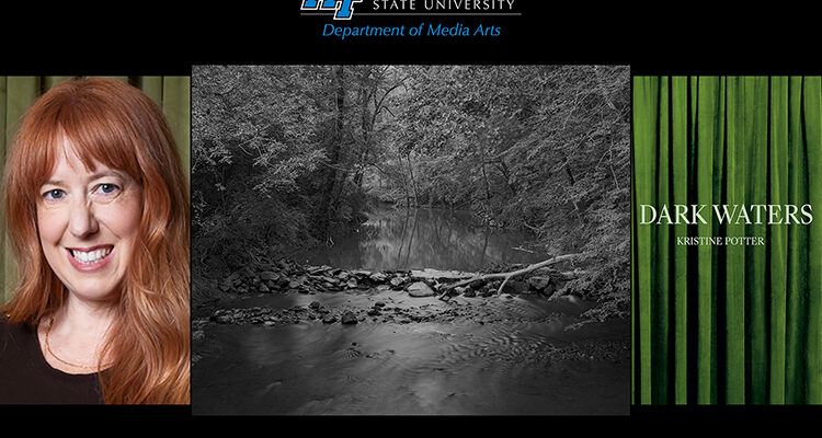 MTSU photography professor Kristine Potter, left, will celebrate the release of her newest monograph, "Dark Waters," Wednesday, June 28, at The Green Ray bookstore in Nashville. Potter's book, shown at right, uses images from Southern waterscapes to reflect on the “murder ballads” from the 19th and 20th centuries. Shown at center is one of the photos, "Dark Water, 2019." (images © 2019 Kristine Potter/Aperture)