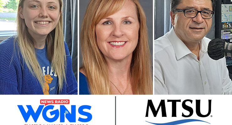 MTSU faculty appeared on the WGNS Radio “Action Line” program on May 15. The guests, from left in order of appearance, were Kayla Jenkins, graduate student in MTSU’s Public History Master’s Program; Dr. Robin Lee, director of the Center for Counseling and Psychological Services and coordinator of the Professional Counseling Program; and Dr. Murat Arik, director of the Business and Economic Research Center and Jennings and holder of the Rebecca Jones Chair of Excellence in Urban and Regional Planning. (MTSU photo illustration by Jimmy Hart)