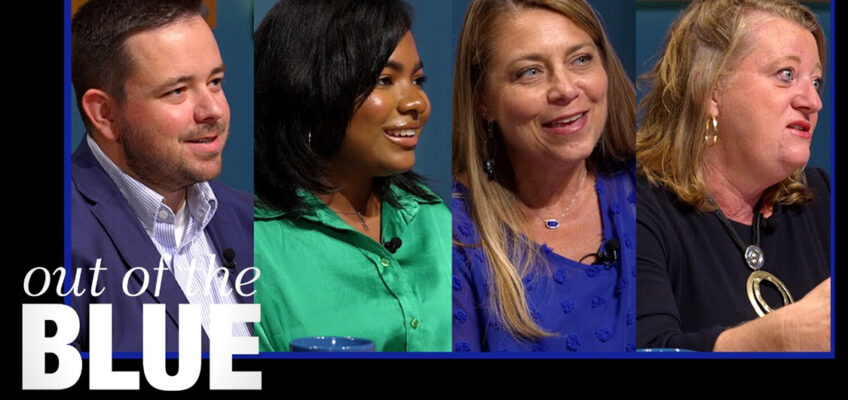 Casey Brown, left, Dual Enrollment Program coordinator in Middle Tennessee State University's University College; student orientation assistant Alexandria Hamilton and Gina Poff, director of the Office of New Student and Family Programs; and Dr. Leigh Anne Clark of the Jones College of Business' Department of Management are the guests on the July 2023 edition of MTSU’s video magazine, “MTSU Out of the Blue." (MTSUNews screenshot)
