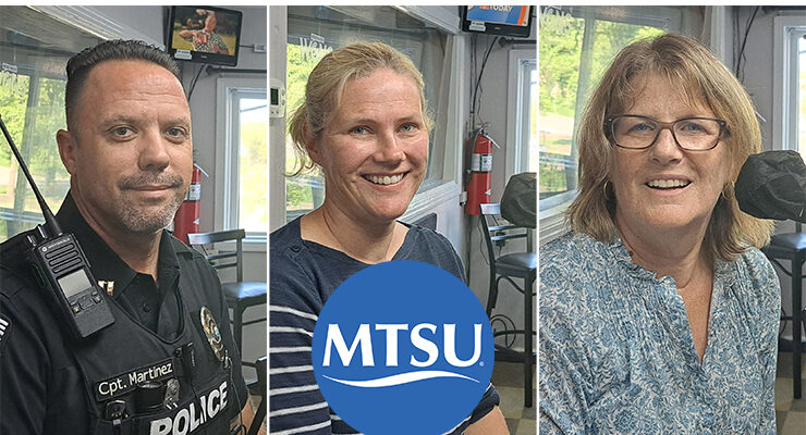 MTSU representatives appeared on the WGNS Radio “Action Line” program on Aug. 21. The guests, from left in order of appearance, were Capt. Jeff Martinez of the MTSU Police Department; Dr. Katie Foss, media studies professor and director of the School of Journalism and Strategic Media; and Dr. Kristine McCusker, history professor. (MTSU photo illustration by Jimmy Hart)